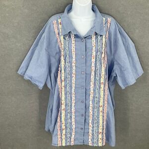 Liz & Me Womens 4X‎ Blue Floral Ruffle Short Sleeve Button Up Shirt Cottage